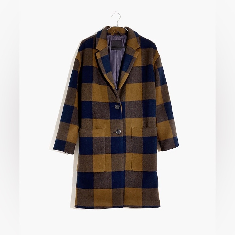 Madewell Plaid Buffalo Check Elmcourt Coat Jacket  Oversized Navy Tan XS S EUC